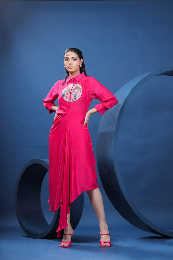 Dala Horse Fuchsia Draped Shirt Dress