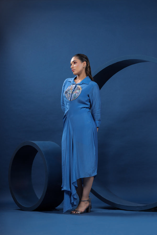 Dala Horse Blue Draped Shirt Dress