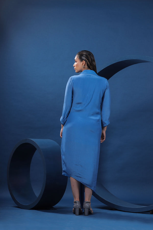 Dala Horse Blue Draped Shirt Dress