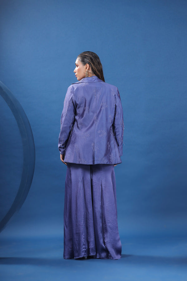 Kurbit Purple Embroidered Long Blazer with Flare Pants