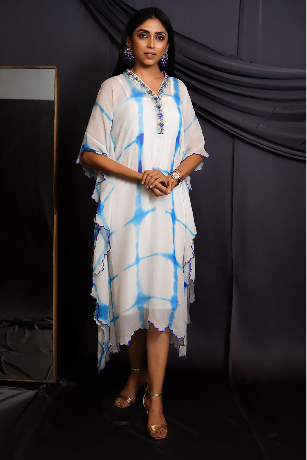 Blue Tie & Dye Scalloped Kaftan