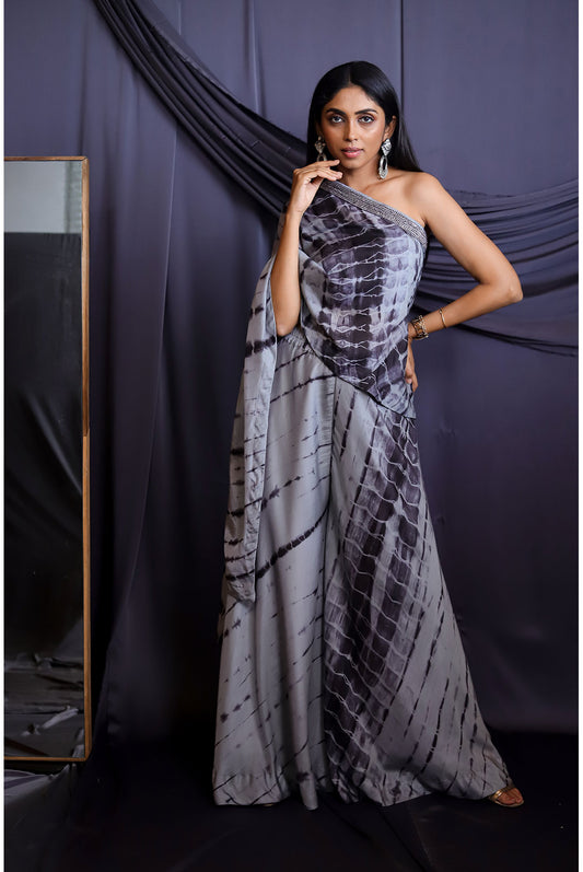 Grey Shibori Off-Shoulder Set