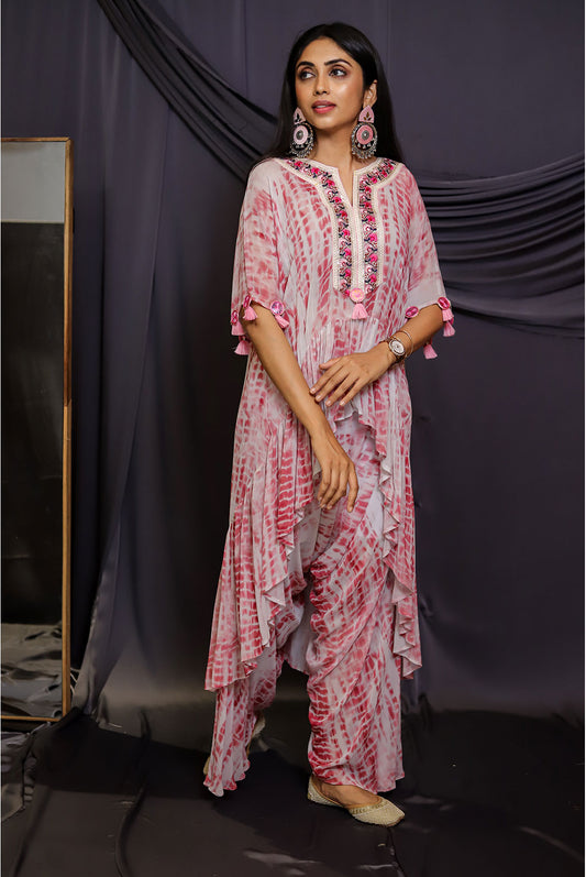 Pink Shibori Top with Cowl Pants