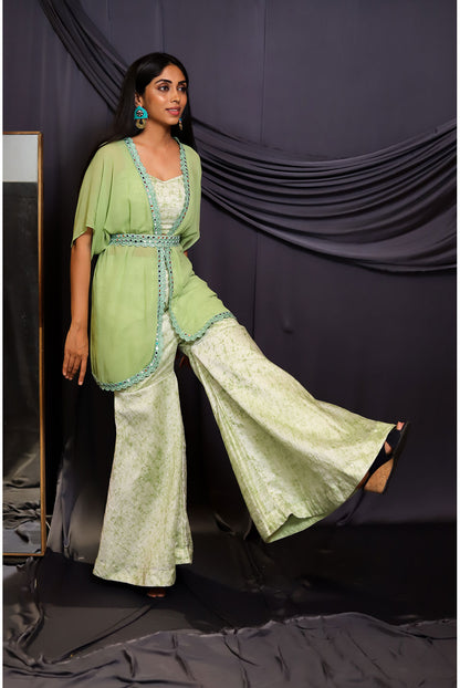 Green Cape Top with Batik Sharara Pants